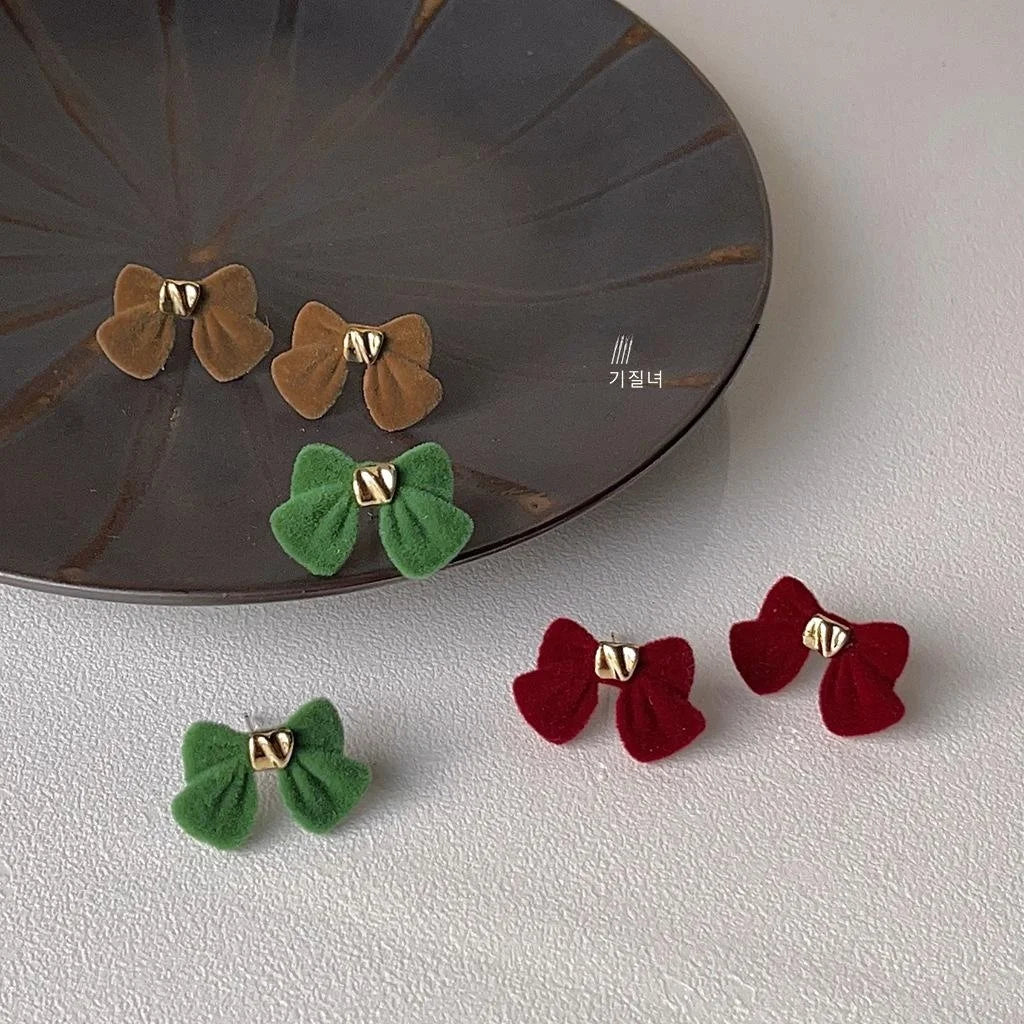 Winter Flocked Bow Stud Earrings Korean Japanese Sweet Cute Silver Plated Metal Jewelry