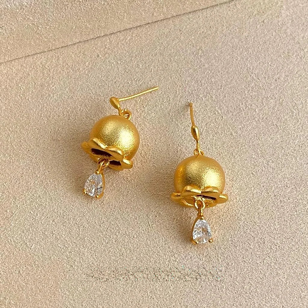 French Vintage Lily Of The Valley Teardrop Zircon Drop Earrings, Sandblasted Floral Luxury