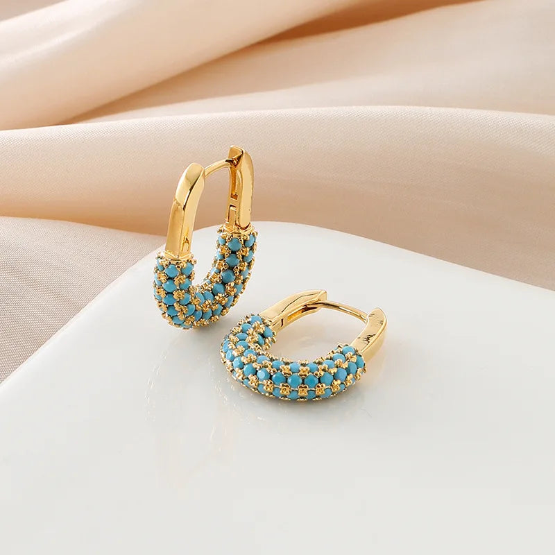 Elegant Turquoise Beaded U Shape Lock Gold Alloy Hoop Stud & Clip On No Piercing For Women Earrings