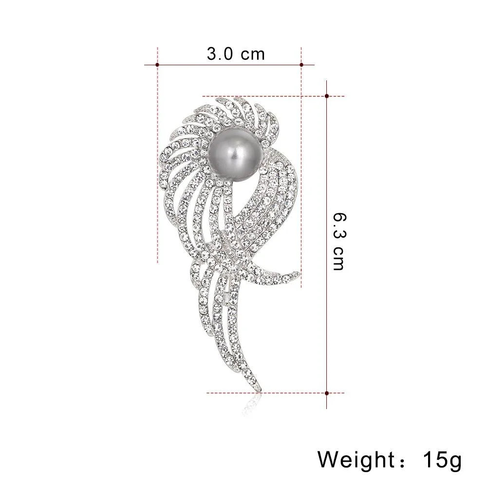 Elegant Alloy Rhinestone Wing Brooch With Faux Pearl Center, Sparkling Lapel Pin Corsage Suit Accessory