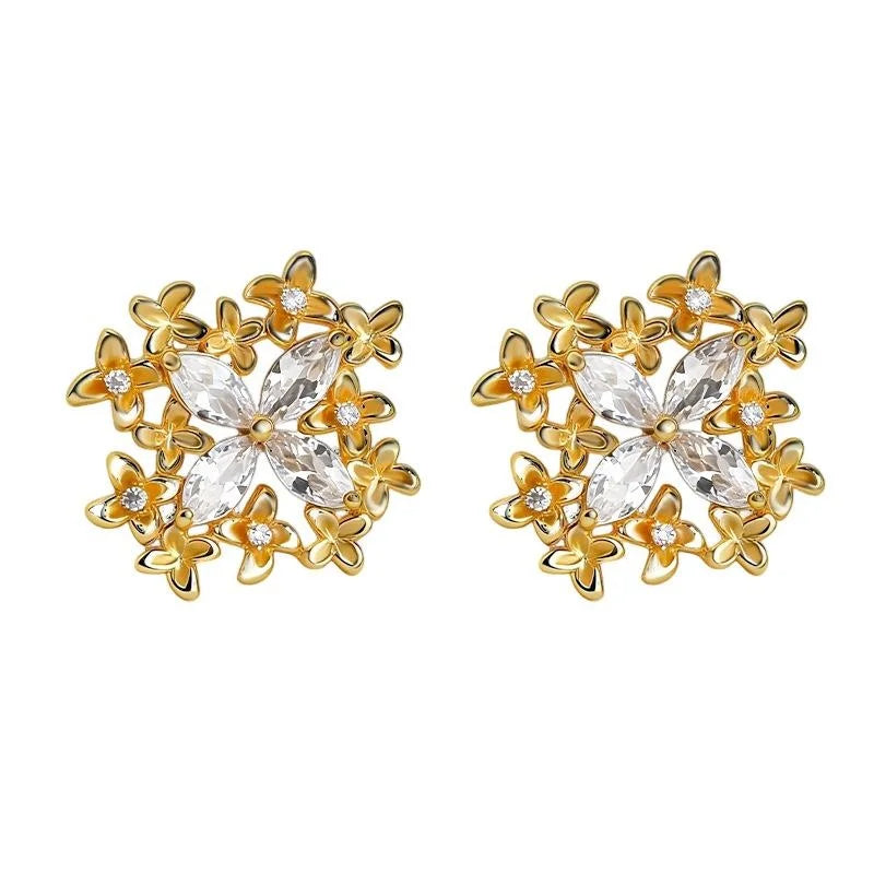 Light Luxury Zircon Inlaid Flower Petal Copper Drop Earrings