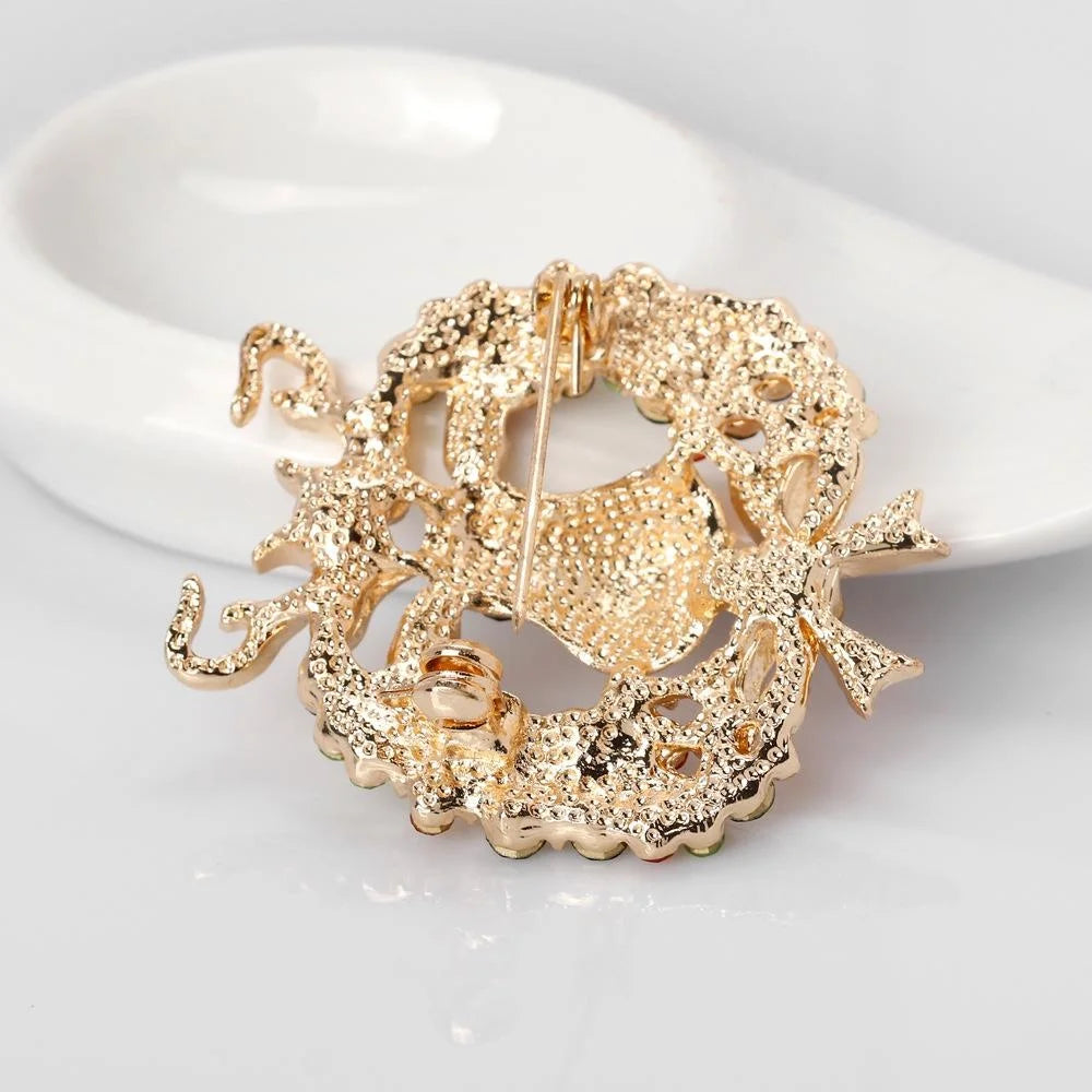 Cute Christmas Reindeer Wreath Alloy Enamel Rhinestone Brooch Luxury Lapel Pin Corsage Gift For Women