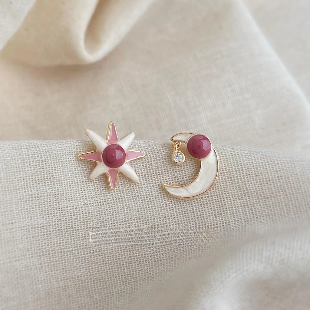 Asymmetric Eight Point Star Moon Stud Earrings Copper Enamel Silver Plated Pin Preppy Style