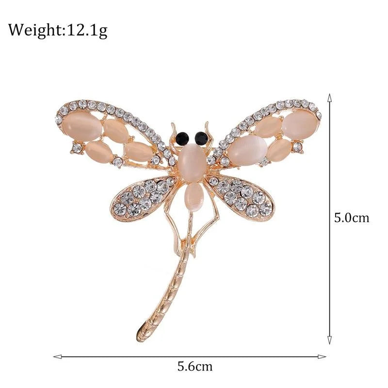 Elegant Rhinestone Dragonfly Brooch With Peach Stone Wings, Alloy Lapel Pin Corsage Suit Accessory