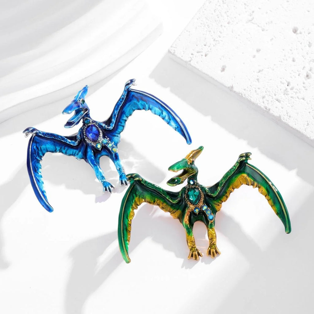 Vintage Green Enamel Flying Dragon Brooch With Rhinestones, Cute Pterosaur Lapel Pin Suit Accessory Gift