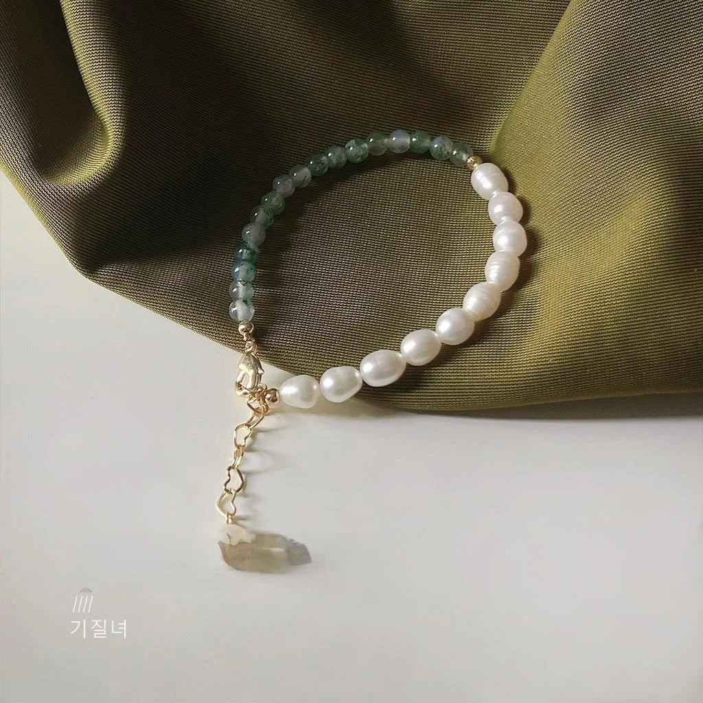 French Light Luxury Freshwater Pearl And Water Grass Jade Geometric Handmade Bracelet
