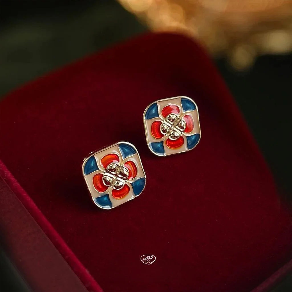 14K Plated Copper Rose Geometric Enamel Stud Earrings Vintage Tibetan Ethnic Style