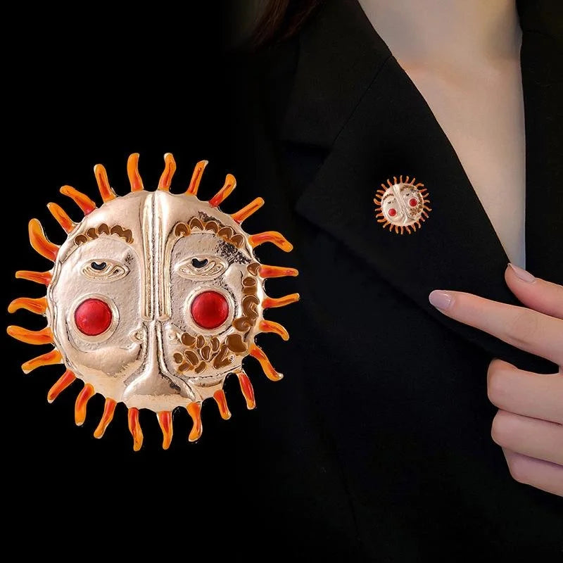 Vintage Baroque Sun Face Alloy Enamel Brooch With Red Rhinestone Cheeks, Elegant Lapel Pin Suit Accessory
