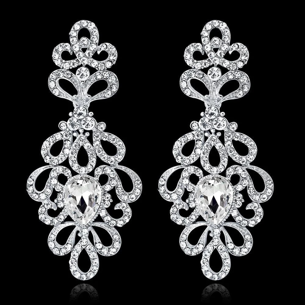 Elegant Hollow Floral Rhinestone Crystal Drop Earrings For Women's Wedding Banquet Party Gift
