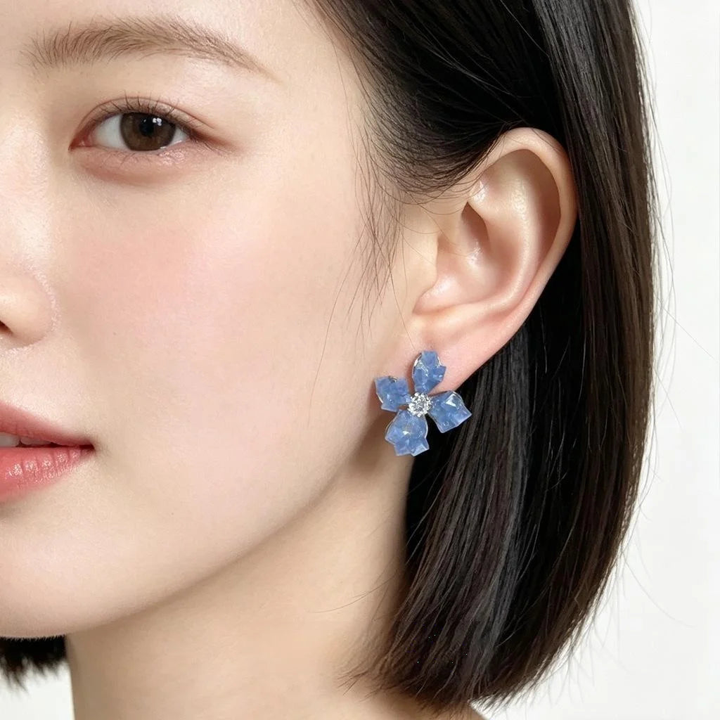Handmade Glass Crystal Haze Blue Flower Drop Earrings French Sweet Forest Style Jewelry