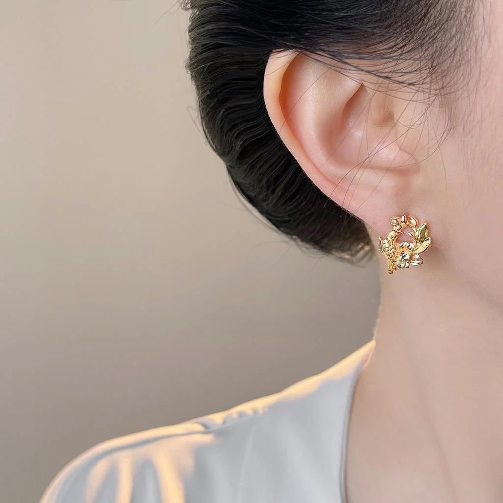 Light Luxury Copper Zircon Flower Wreath Bird Stud Earrings