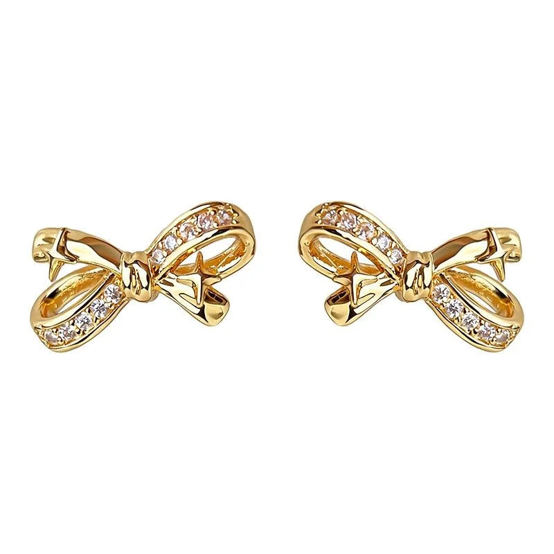 Light Luxury Micro Pave Zircon Bow Stud Earrings Copper Star Accent