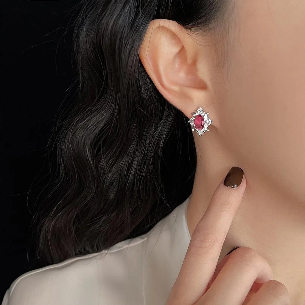 French Elegant Rose Red Zircon Geometric Copper Stud Earrings Hong Kong Style