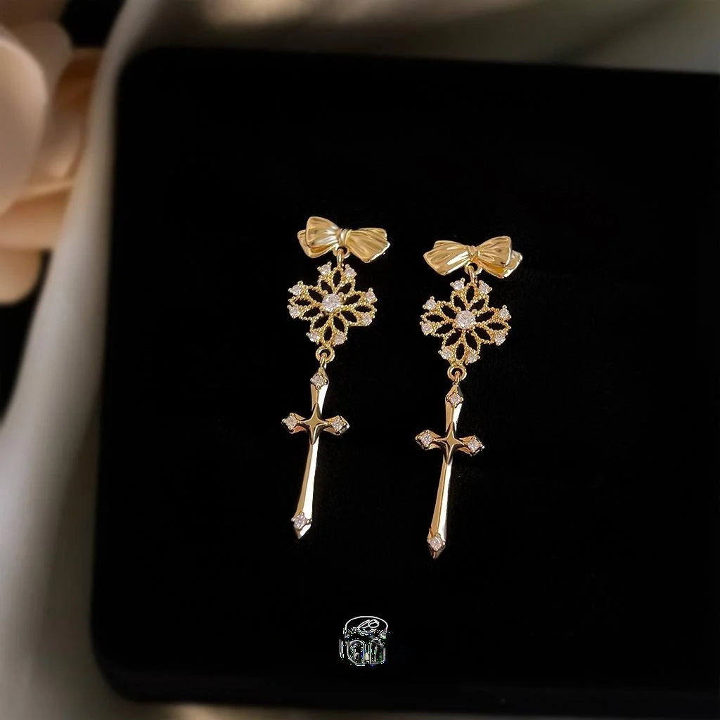 14K Plated Copper Hollow Lace Cross Bow Drop Earrings Old Money Floral Designer Jewelry