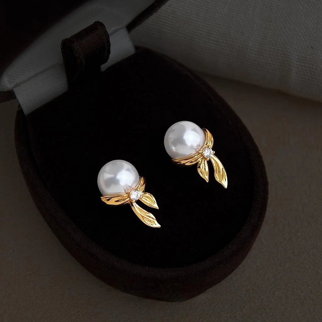 Original Designer Bow Stud Earrings With Copper, Lustrous Pearl And Zircon, Elegant OL Style