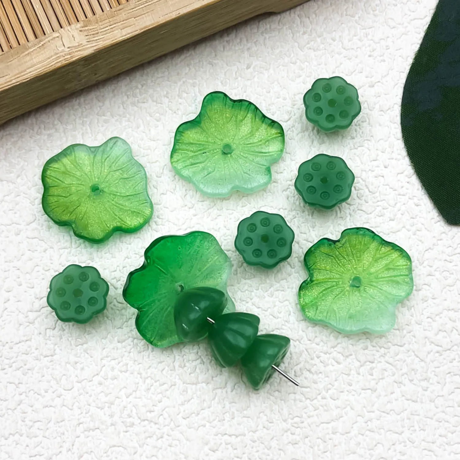 Glass 3D Lotus Leaf Lotus Seed Pierced Bead Charm Pendant for DIY Hair Stick Jewelry