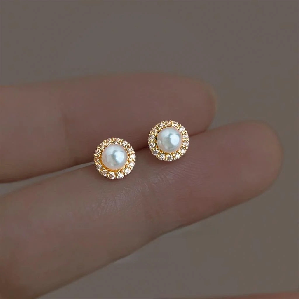 Micro Pave Zircon Round Geometric Pearl Stud Earrings For Women, Copper Minimalist Jewelry