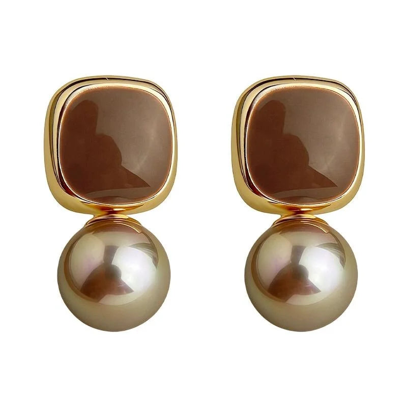 Mocha Brown Enamel Glazed Copper Geometric Pearl Drop Earrings, Maillard Style