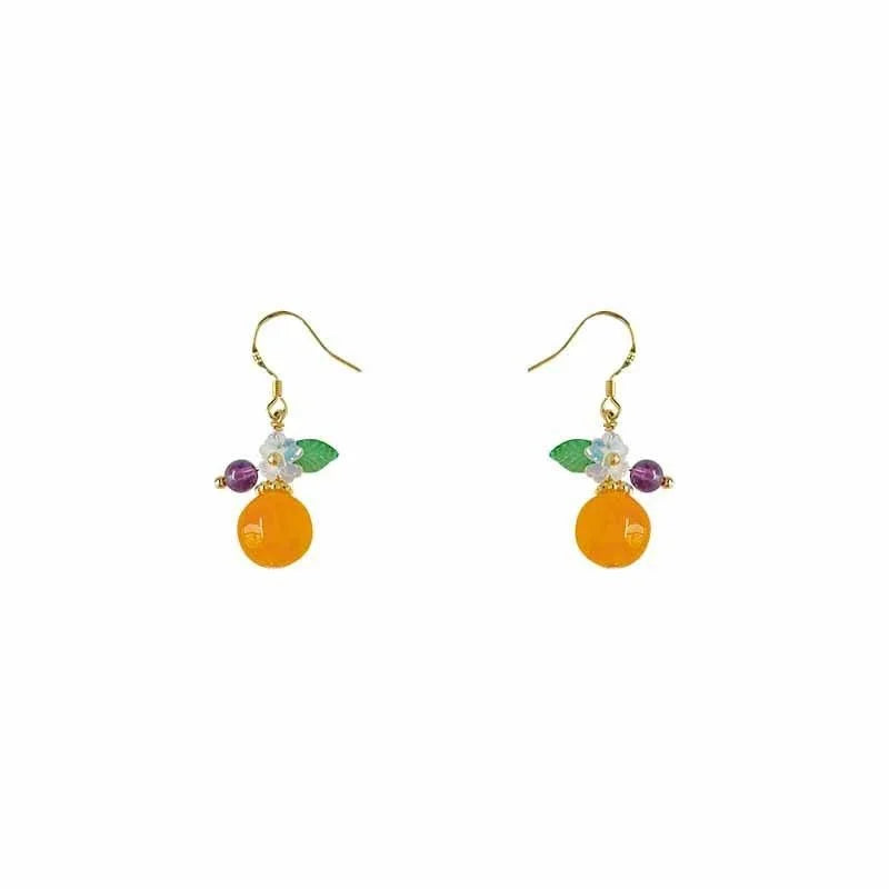 Sweet Pastoral Yellow Jade Flower Drop Earrings, Silver Plated Copper Handmade Jewelry