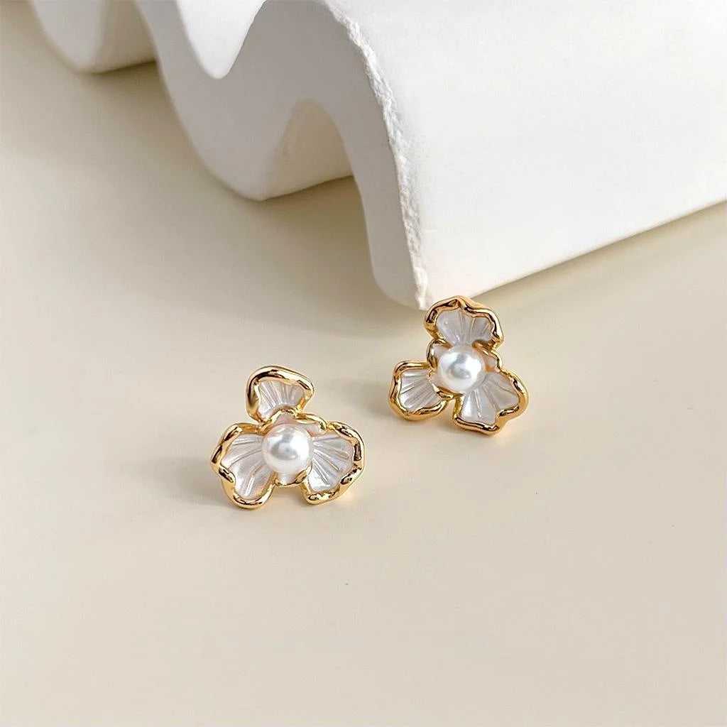 14K Plated Copper Iris Flower Stud Earrings With Glass Pearl Elegant Floral Jewelry