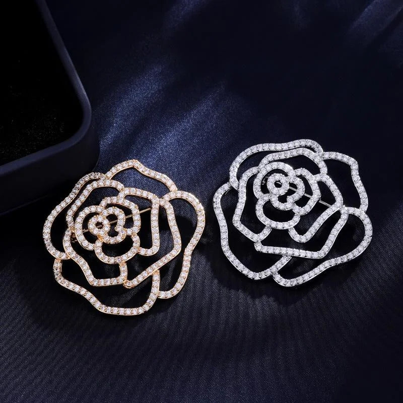 Luxury Full Rhinestone Camellia Flower Brooch, Gold Alloy Hollow Rose Lapel Pin Corsage Suit Accessory Gift