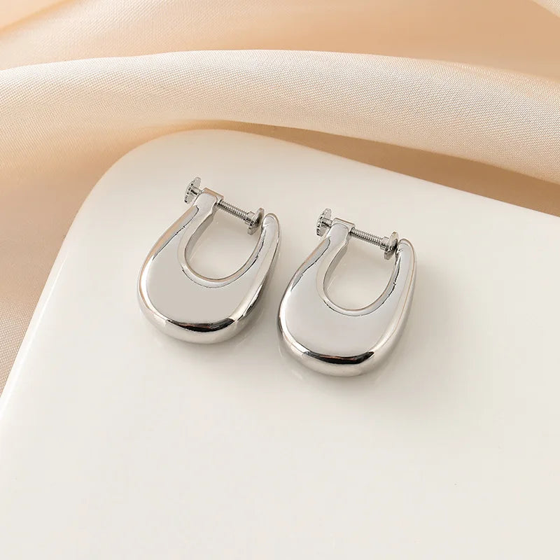 Elegant Silver Alloy Geometric Teardrop Hoop Stud & Clip On No Piercing Commuter Ear Cuff Earrings
