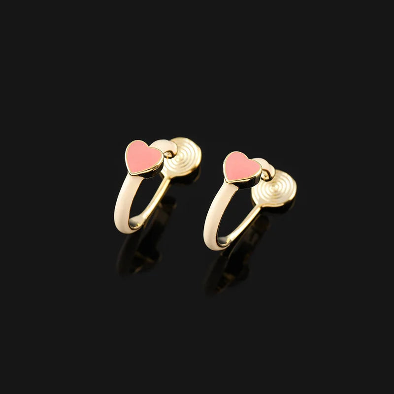 Elegant Pink Enamel Heart Spiral Hoop Alloy Stud & Clip On No Piercing Minimalist Circle Earrings
