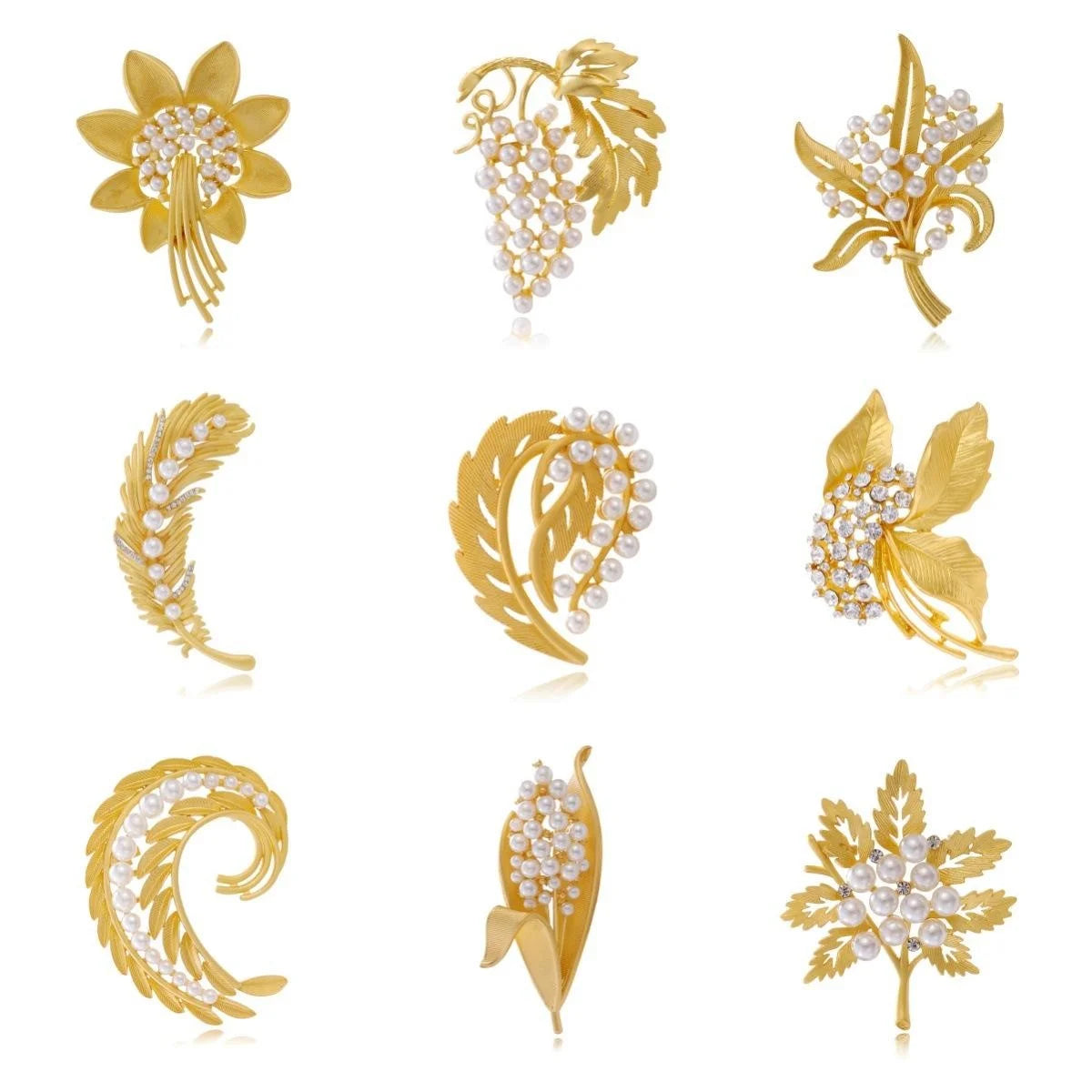 Elegant Gold Alloy Pearl Flower Feather Grape Leaf Brooch, Rhinestone Lapel Pin Corsage Suit Accessory