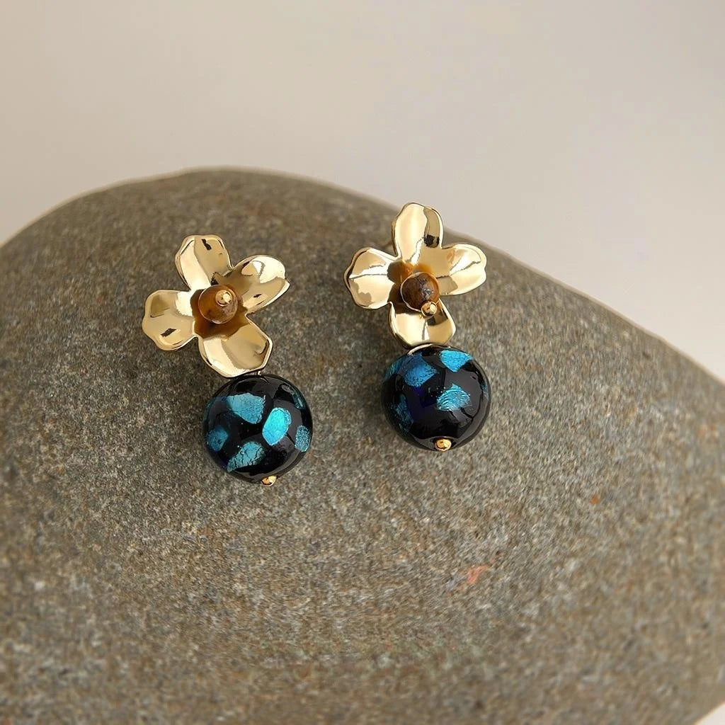 Original Design Vintage Floral Handmade Glass Tiger Eye Copper Drop Earrings