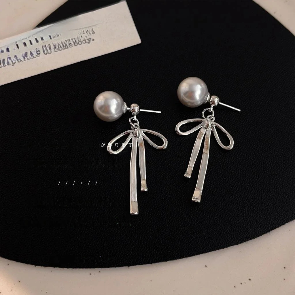 Niche Designer Bow Pearl Drop Earrings Copper Two Way Wear Fashion Jewelry