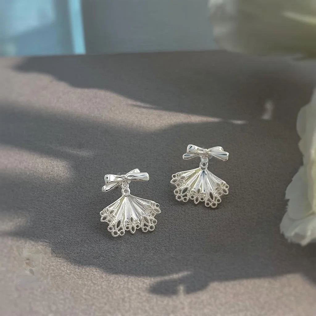 Sweet Korean Silver Bow Copper Drop Earrings 2 Way Ballet Girl Light Luxury Stud Earrings