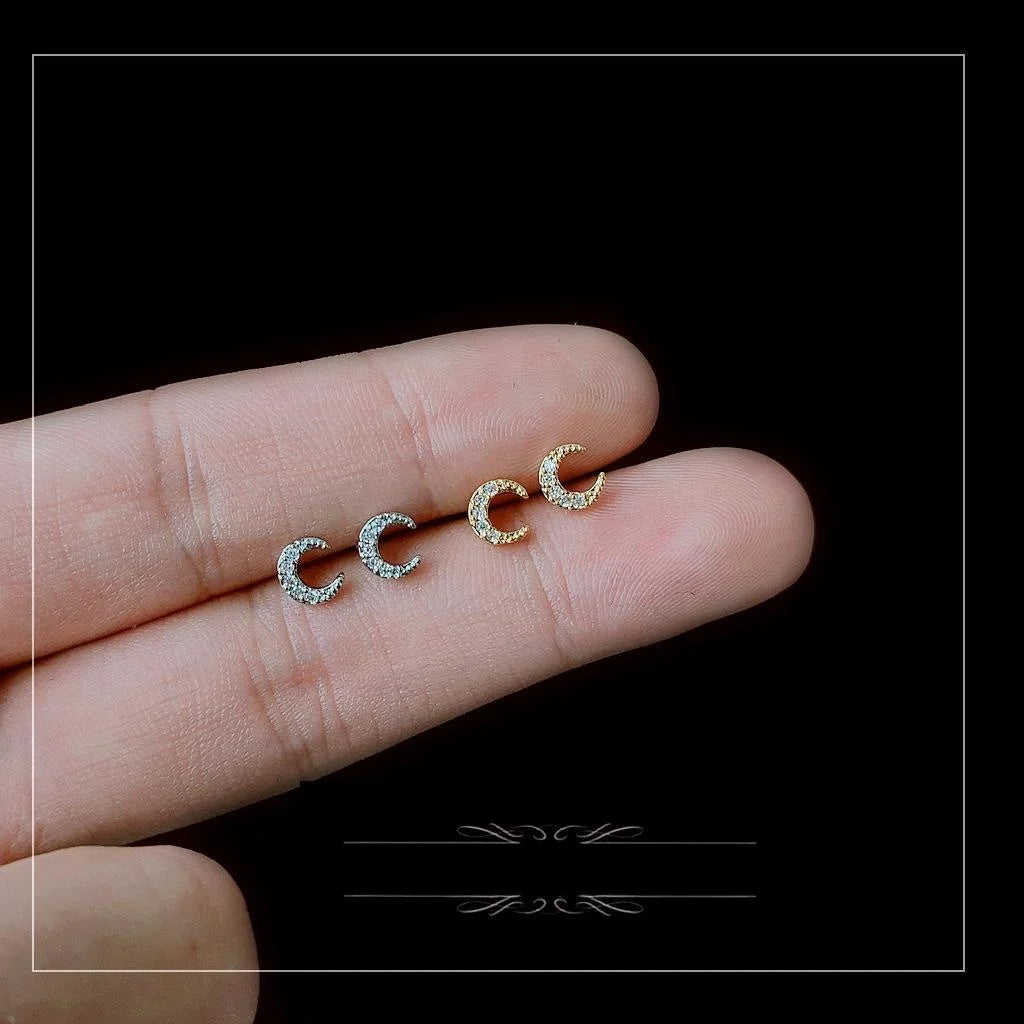 14K Gold Plated Mini Zircon Moon Stud Earrings, Fresh Minimalist Jewelry