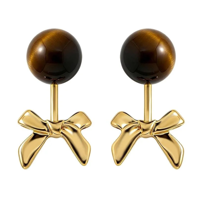 Two Way Maillard Style Natural Tiger Eye Bow Drop Earrings Copper Geometric Jewelry
