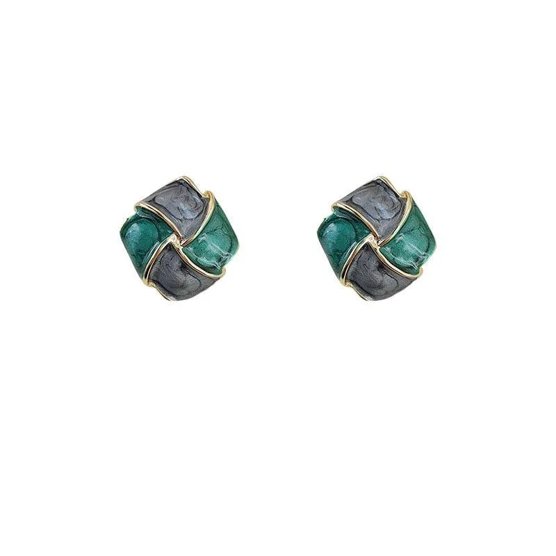 French Vintage Geometric Square Copper Stud Earrings With 14K Plated Enamel Design