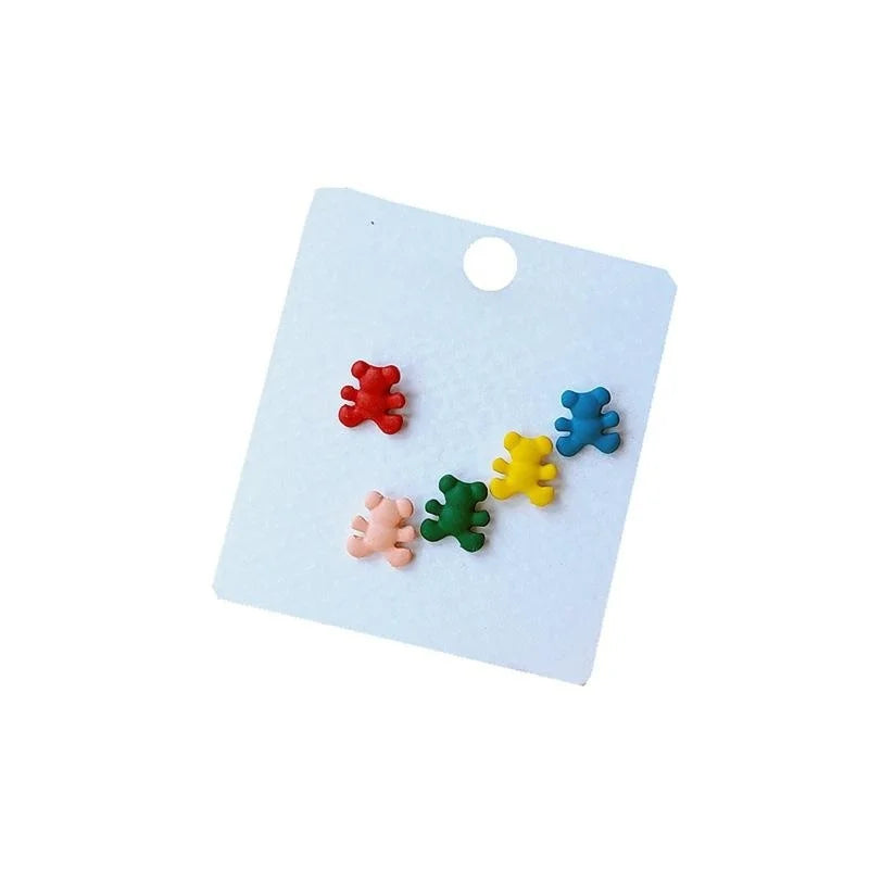 5 Piece Mini Bear Enamel Alloy Stud Earrings With Silver Plated Pins Korean Japanese Style