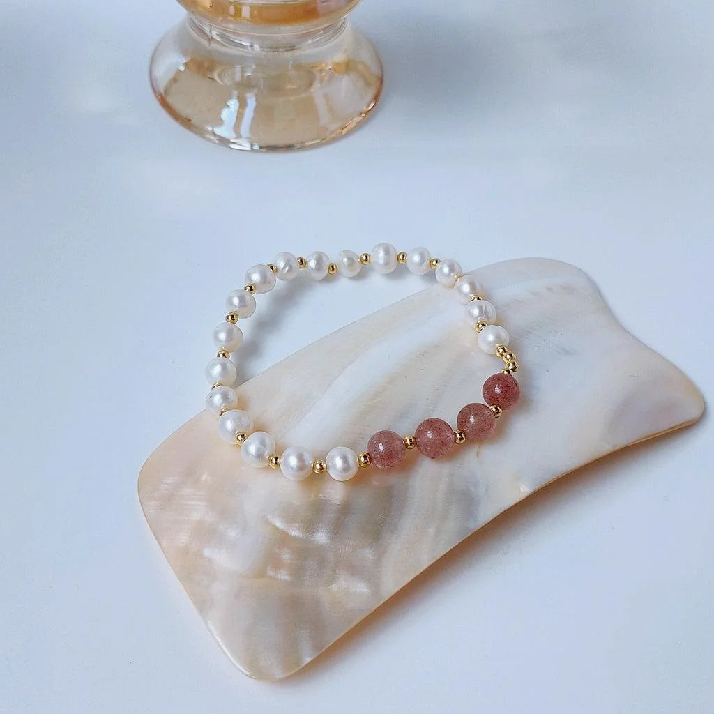 Korean Style Natural Freshwater Pearl Strawberry Quartz Geometric Ring Adjustable Bracelet
