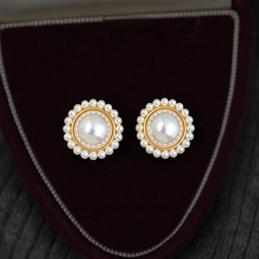 French Vintage Copper Large Pearl Stud Earrings Audrey Hepburn Style Round Geometric Jewelry