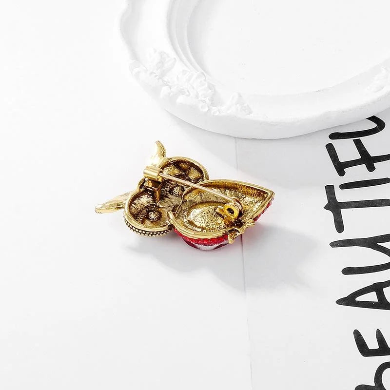 Vintage Big Eye Owl Brooch With Red Rhinestone Crystal, Gold Tone Alloy Animal Lapel Pin Coat Gift