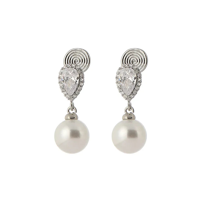 Elegant Teardrop Zircon Halo Pearl Drop Alloy Stud & Clip On No Piercing Luxury Dangle Earrings