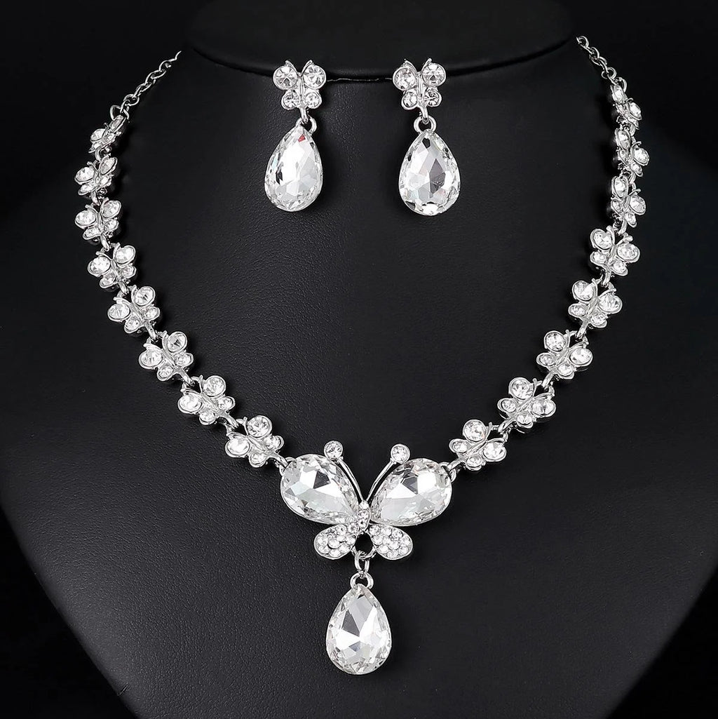 Bridal Rhinestone Butterfly Flower Necklace And Earrings Jewelry Set, Crystal Alloy Wedding Party Jewelry