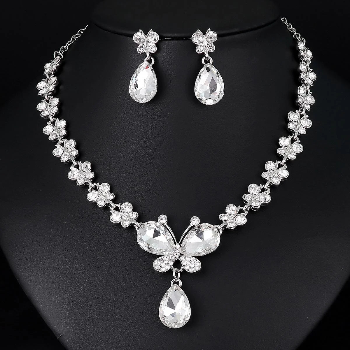 Bridal Rhinestone Butterfly Flower Necklace And Earrings Jewelry Set, Crystal Alloy Wedding Party Jewelry