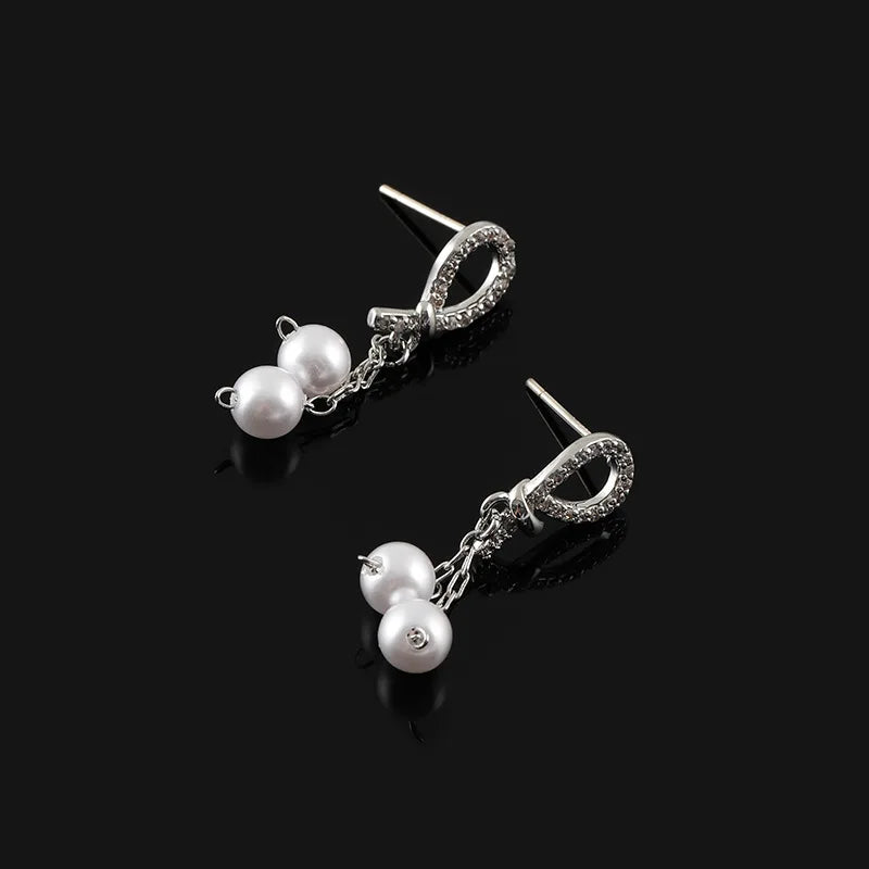 Elegant Teardrop Zircon Paved Pearl Tassel Spiral Alloy Stud & Clip On No Piercing Earrings