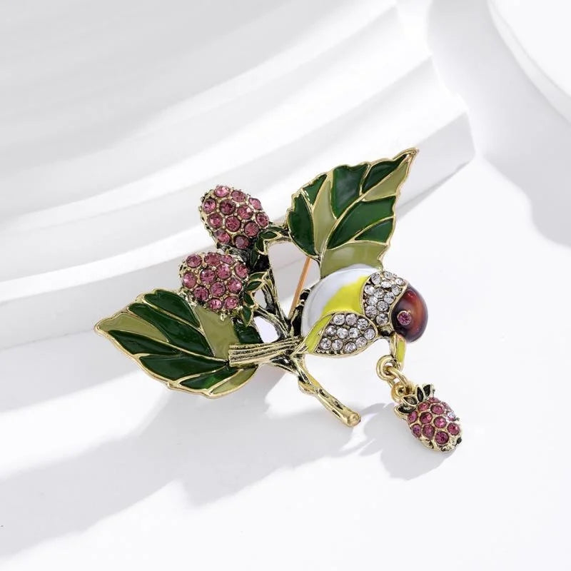 Vintage Enamel Magpie And Strawberry Rhinestone Brooch, Elegant Fruit Bird Lapel Pin Suit Accessory Gift