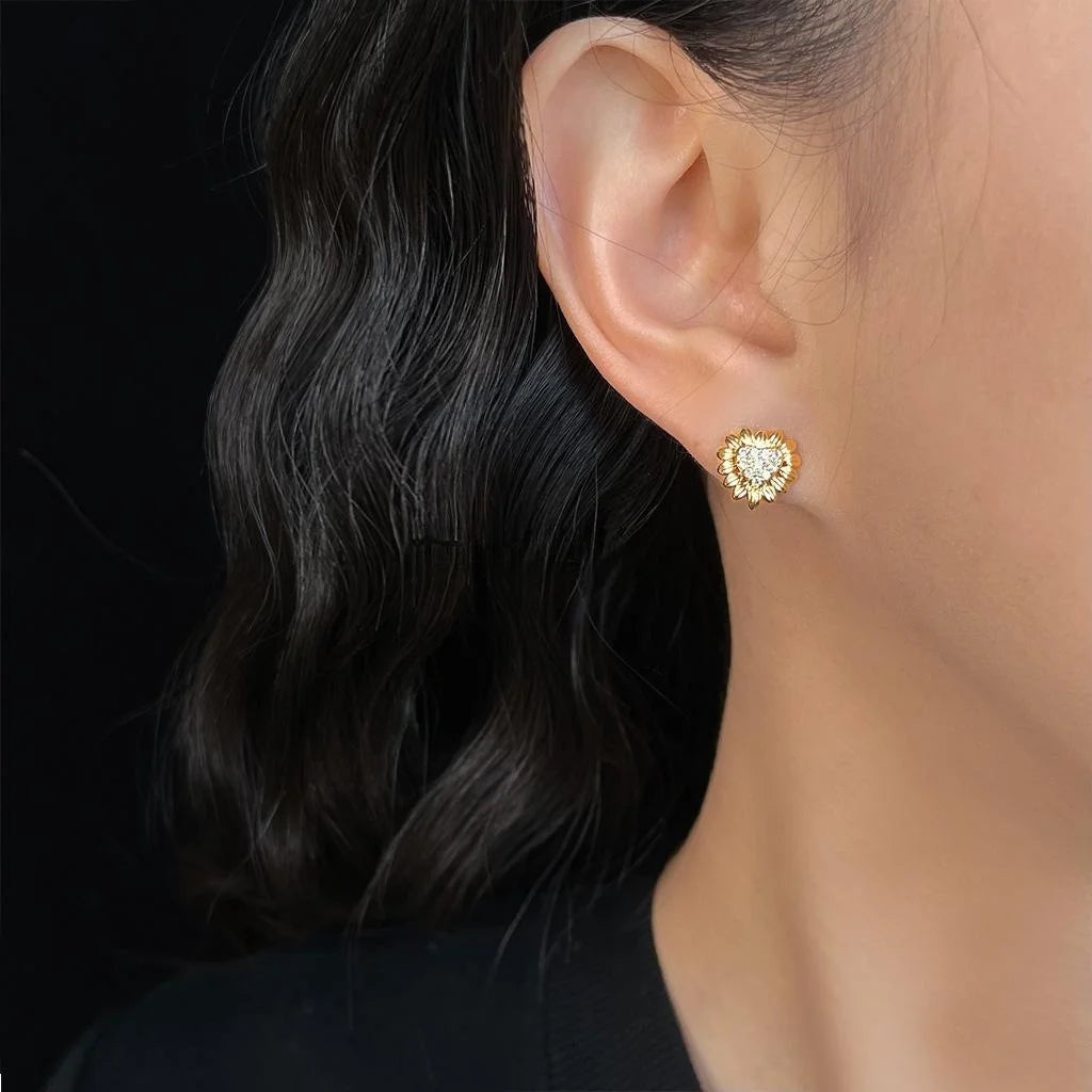 18K Gold Plated Copper Zircon Heart Sunflower Stud Earrings Minimalist Mini Jewelry