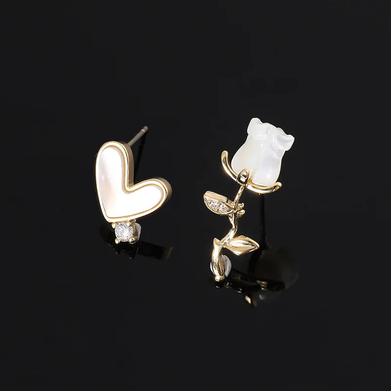 Vintage Mother Of Pearl Heart Rose Alloy Zircon Stud & Clip On No Piercing Women's Earrings