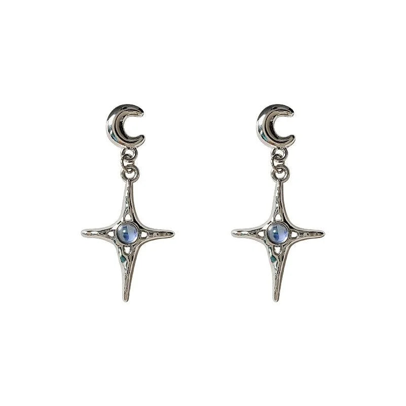 Sweet Cool Silver Tone Copper Hexagram Star Moon Long Stud Earrings For Women
