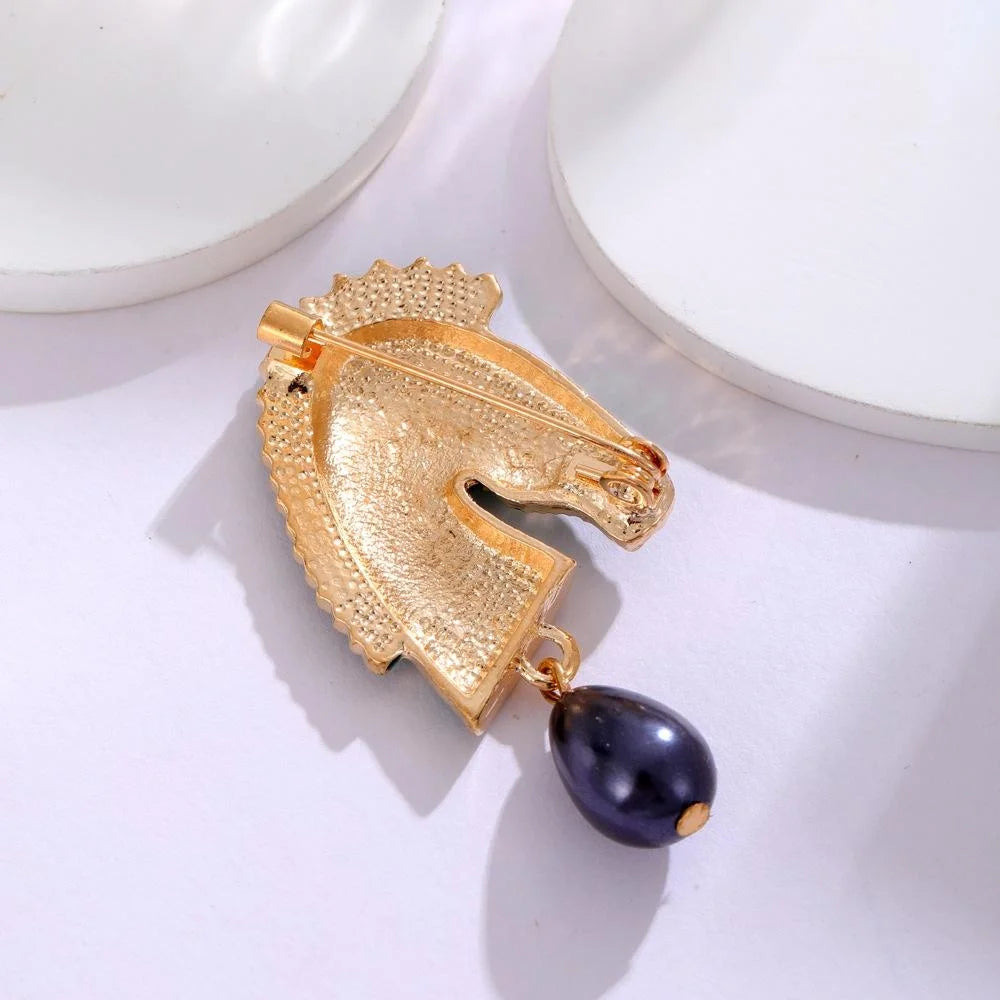 Vintage Zebra Horse Head Enamel Brooch With Green Rhinestone Eye And Pearl Drop, Elegant Lapel Pin Gift