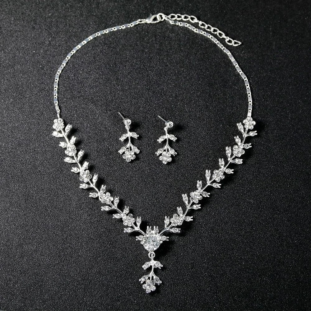 Elegant Silver Alloy Rhinestone Vine Flower Necklace And Earrings Jewelry Set For Bridal Wedding Party Gift