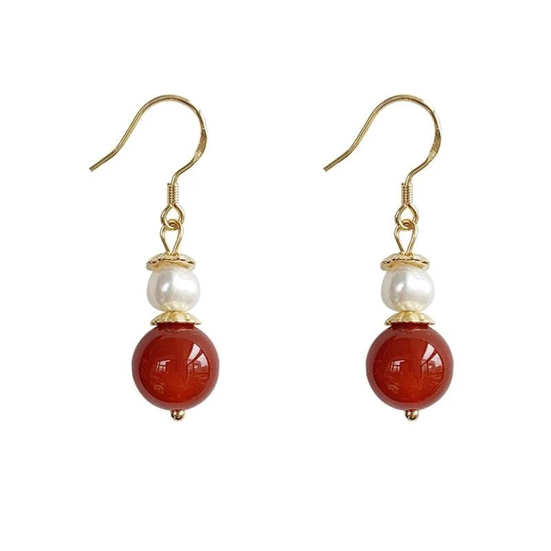 Red Agate Tassel Drop Earrings 14K Gold Plated Vintage Palace Style Jewelry For Women
