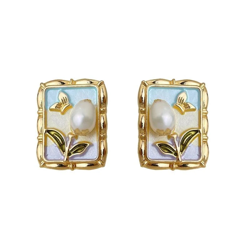 Oil Painting Style Freshwater Pearl Enamel Hand Painted Geometric Flower Stud Earrings